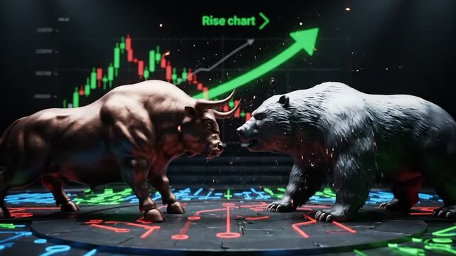 A bull and bear fight representing stock market trends, with a rising chart in the background