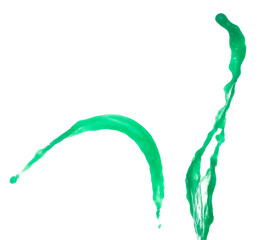 Green paint liquid fly in mid air, apple vegetable juice falling scatter, explosion float in shape form droplet line. White background isolated freeze motion high speed shutter