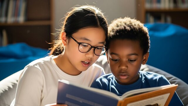 Scholastic Friendship Reading: An Asian girl helps a young African-American boy read a book in a school library, bathed in warm sunlight, fostering a love for learning.