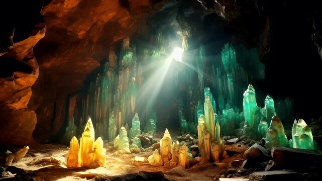 A vivid, atmospheric portrayal of a cavernous landscape illuminated by a radiant light source. The caverns walls and ceiling are textured with a mix of earthy browns and greens.
