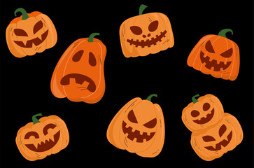 halloween collection clip art pumpkins monster orange colour with expsressions isolated background. Halloween illustration design.