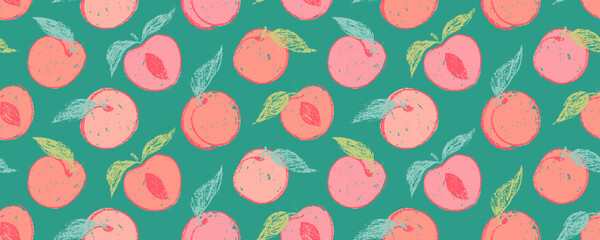 Seamless funky pop art pattern with apricots and peaches in crayon or chalk texture. Hand-drawn fruity background for kids’ wrapping paper, banners, posters, and packaging design.