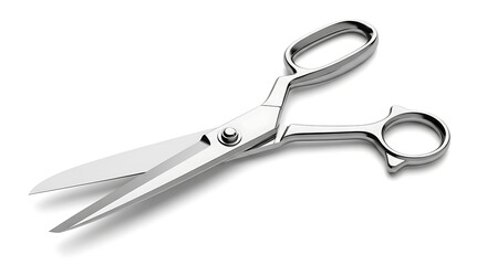 Obraz premium Shiny, metallic scissors with open blades, resting on a white surface.