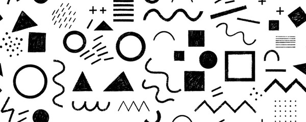 Seamless Swiss design aesthetic pattern with crayon drawn basic forms and geometric shapes. Hand drawn vector sketchy seamless banner background. Scribbles and doodle wallpaper print.
