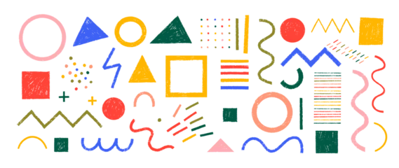 Selbstklebende Fototapeten Restaurant Funky crayon drawn geometric shapes and doodle lines. Colorful pencil or chalk drawn naive Swiss design aesthetic. Basic geometric shapes, dots, playful pattern, primitive forms and figures.  © Anastasiia Hevko