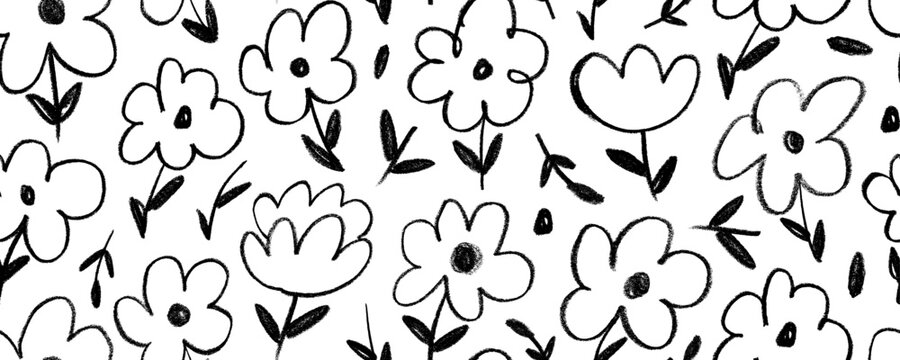 Crayon drawn simple flowers seamless pattern. Hand drawn daisies and chamomiles background. Graphic black and white print with cute flowers. Kids style daisy scribbles. Naive or primitive style.