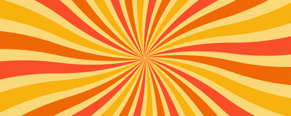 Groovy swirl pattern with retro starburst and psychedelic sunburst for 70s background. Orange, red and yellow wavy radial stripes background. Explosion or surprise manga style effect.