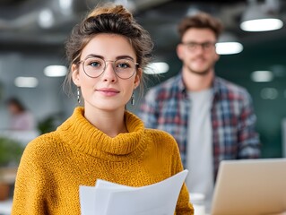 Beautiful young businesswoman holds papers in modern office with male colleague standing in background.