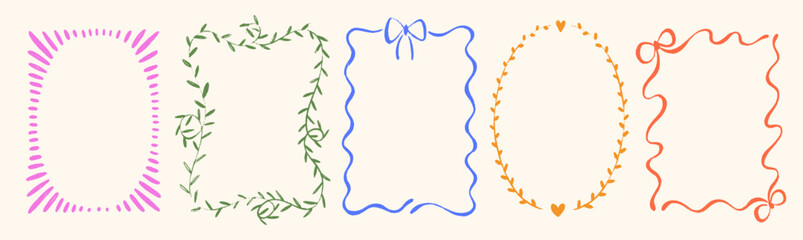 Fototapeta na wymiar Quirky whimsical coquette frames with bows, hearts and leaves. Crayon drawn decorative wedding and bachelorette borders. Modern coquette frames decoration with funky crayon texture.