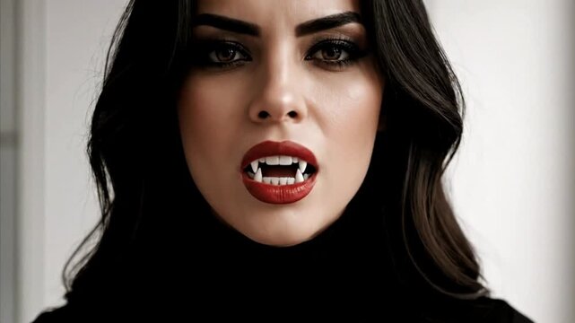 Black-Haired Vampire Woman in Black Jumper Standing by White Wall Zoom Close-Up Revealing Fangs