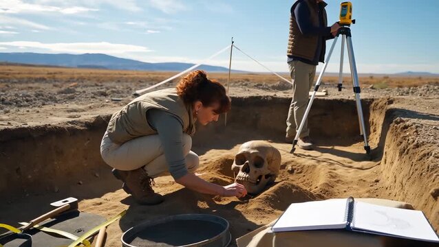 Archaeological Dig Uncovering Skull, Excavation Process by Female Archaeologist