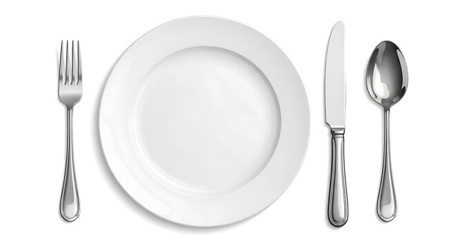 A white plate is centered between a fork, knife, and spoon, all arranged on a white background.