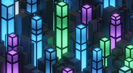 Abstract Glowing Cubes in a Dark Environment.