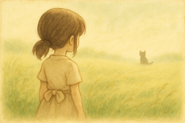 gentle girl with brown hair looking at cat in distant yellow field soft warm light nostalgic illustration with emotional atmosphere