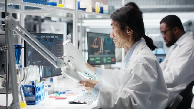 Clinical microbiologist uses laboratory lamp to examine liquid in test tube for clarity and color changes. Senior lab employee holds test tube to light source for impurity detection, camera B