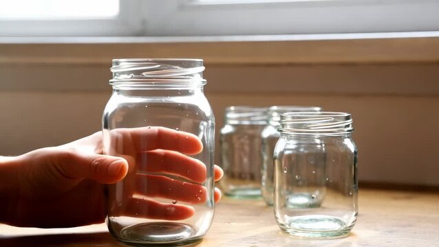 Demonstrating Canning Techniques with Glass Jars in a Bright Kitchen