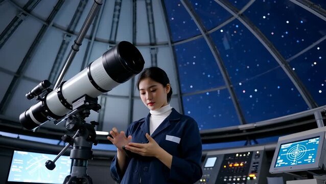 Female Asian Teen Using Telescope in Observatory Under Starry Sky