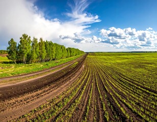 Wide landscape of a green field, a dirt road, and forest under a blue sky