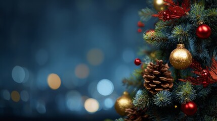 Obraz premium A festive Christmas tree adorned with golden ornaments, red baubles, and pine cones against a bokeh-lit blue background.