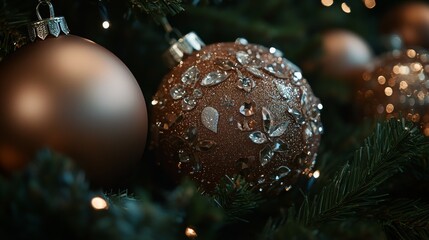 A close-up of elegant gold and bronze Christmas ornaments adorned with crystals, nestled among pine branches with soft bokeh lights.
