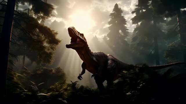 A vivid, highresolution digital artwork of a roaring dinosaur in a dense, misty forest setting. The style is realistic with a touch of fantasy, and the coloration is rich and vibrant.