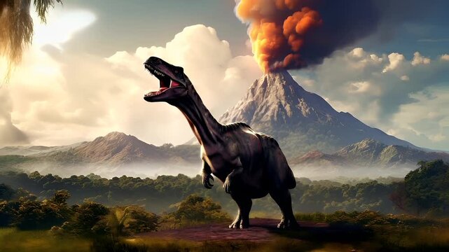 A vivid portrayal of a prehistoric landscape with a large, menacing dinosaur in the foreground and a volcano erupting in the background. The dinosaur is depicted with its mouth open.