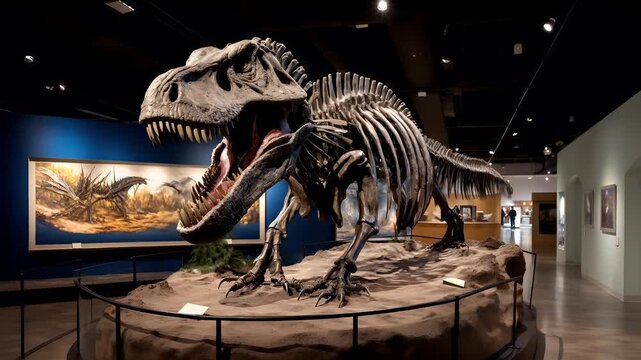 A vivid portrayal of a Tyrannosaurus rex skeleton in a museum setting. The dinosaur is displayed with its mouth open, revealing its sharp teeth, and its intricate skeletal structure.