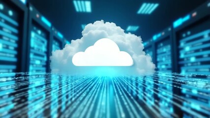 A serene image capturing a cloud data center, emphasizing smooth operations of business data management. Features copy space for overlay applications to enhance understanding. - Powered by Adobe