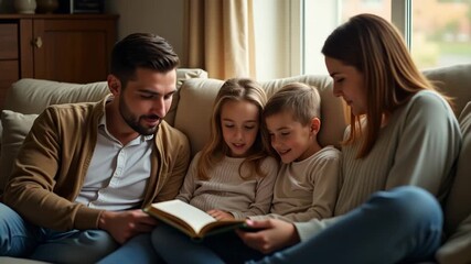 A family gathered in a cozy living room, enjoying a shared reading session, captured in soft light emphasizing connection. Ample copy space available. - Powered by Adobe