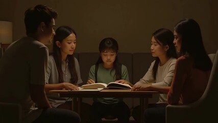 A family engaged in an informal book club meeting at home, discussing insights with warm lighting, allowing space for written content or quotes.