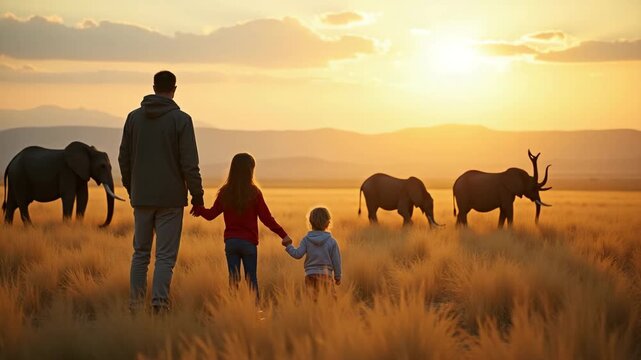 An adventurous family safari trip, showcasing thrilling wildlife encounters and embracing nature, with vivid landscapes that provide room for captions and copy space.