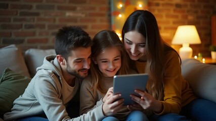 A family utilizing travel apps to plan their next adventure, gathered around a tablet or smartphone in a cozy setting. Ample copy space for branding. - Powered by Adobe