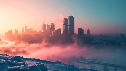 Aerial view of a cityscape during sunset or sunrise, with snowcovered rooftops and a misty atmosphere. The city skyline is bathed in a warm, orange and pink hue, suggesting either dawn or dusk. - Powered by Adobe