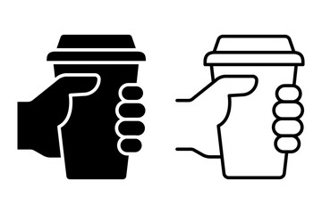 Hand holding coffee cup icon set vector. Take away coffee in reusable cup paper or plastic. Coffee shop logo, label, badge, icons, vintage, hipster modern style, premium coffee bean bar brand symbol.