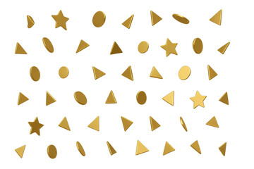 Golden 3d geometric shapes creating a festive seamless pattern, abstract celebration confetti flying on transparent background