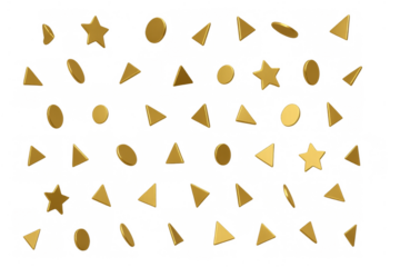 Golden 3d geometric shapes creating a festive seamless pattern, abstract celebration confetti flying on transparent background