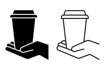 Hand holding coffee cup icon set vector. Take away coffee in reusable cup paper or plastic. Coffee shop logo, label, badge, icons, vintage, hipster modern style, premium coffee bean bar brand symbol.
