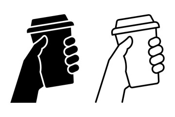 Hand holding coffee cup icon set vector. Take away coffee in reusable cup paper or plastic. Coffee shop logo, label, badge, icons, vintage, hipster modern style, premium coffee bean bar brand symbol.