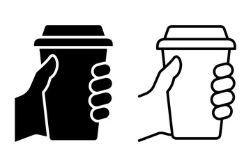 Hand holding coffee cup icon set vector. Take away coffee in reusable cup paper or plastic. Coffee shop logo, label, badge, icons, vintage, hipster modern style, premium coffee bean bar brand symbol.