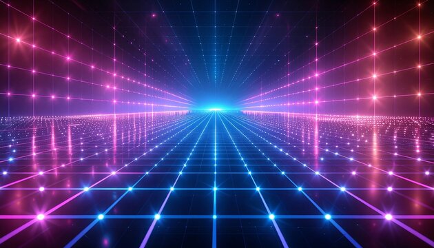 Vibrant Neon Grid Tunnel With Glowing Lights Creating Futuristic Digital Landscape