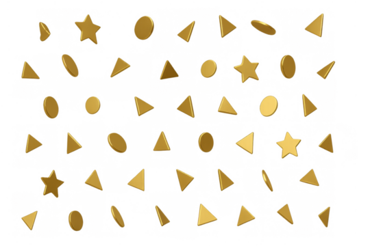 Golden 3d geometric shapes creating a festive seamless pattern, abstract celebration confetti flying on transparent background