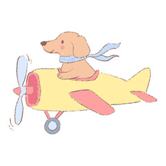 Cute dachshund flying a small airplane. Adventure and travel concept isolated on white.