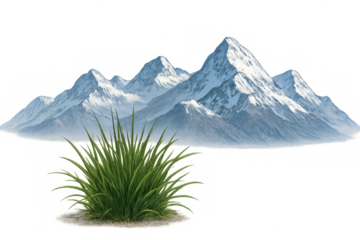 Green grass tuft foregrounding snow-capped mountains illustration on transparent background