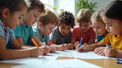 A diverse group of children engaged in a challenging problem-solving activity, showcasing teamwork with ample copy space for educational concepts. - Powered by Adobe