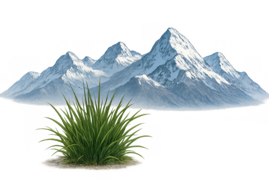 Green grass tuft foregrounding snow-capped mountains illustration on transparent background