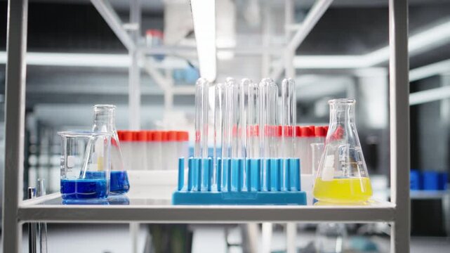 Close up of colorful chemical solutions inside scientific glassware on lab shelf. Reagents in vials ready to be used for experimental analysis inside empty high tech research center, panning shot