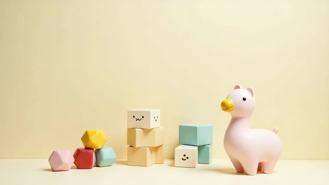 A minimalistic arrangement of unique interactive toys on a soft background with ample copy space for text and advertisements targeting aspiring parents.