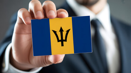 Professional person holding the Barbados flag, representing patriotism, culture, and national identity in a business setting