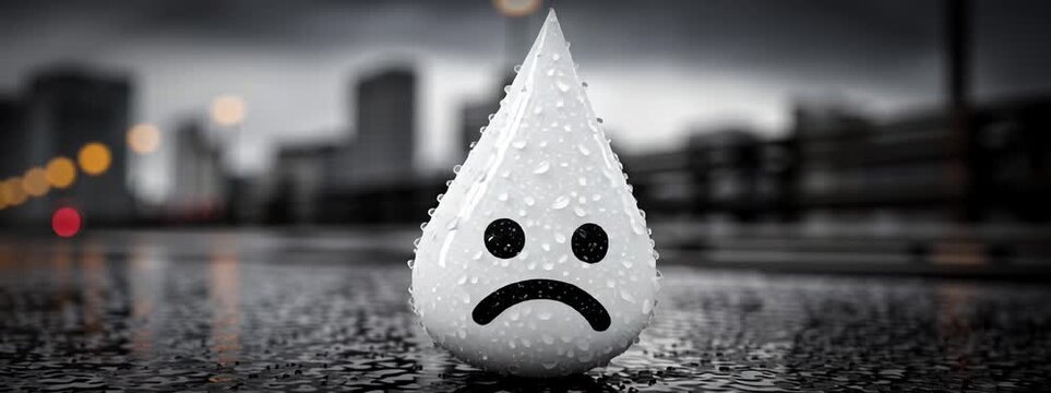 a sad, frosty blob with a sad face sits on a rainy street in front of a city skyline