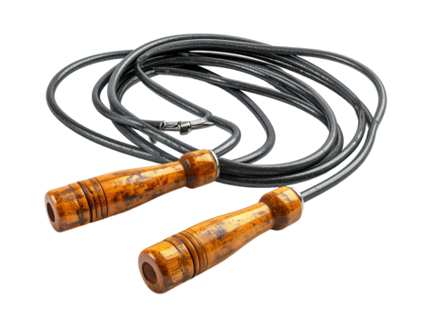 Coiled jump rope with wooden handles isolated on transparent background